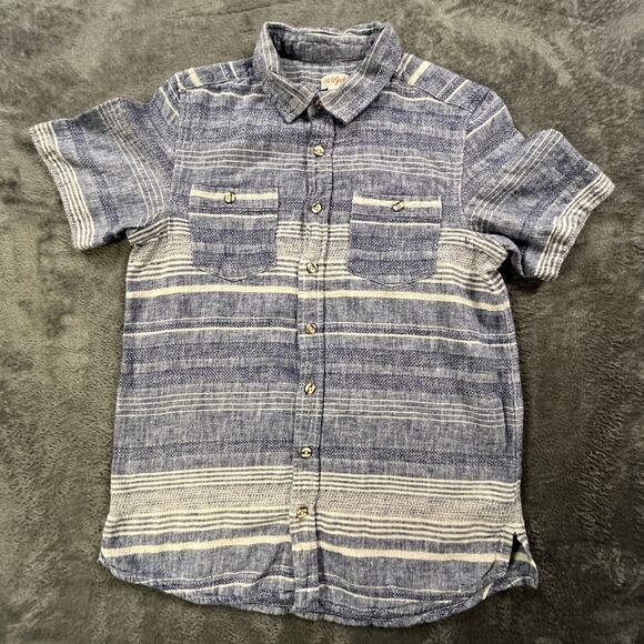 Cat and Jack Shirt Boys Extra Large Linen Striped Blue Short Sleeve Button Up - Picture 1 of 8